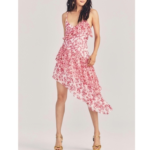 NWOT LOVESHACKFANCY Newport Silk Floral Asymmetrical Tiered Midi Dress S… - Picture 1 of 6